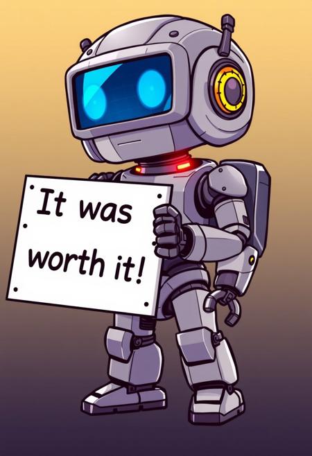 Robot chibi holding a sign that says "It was worth it"