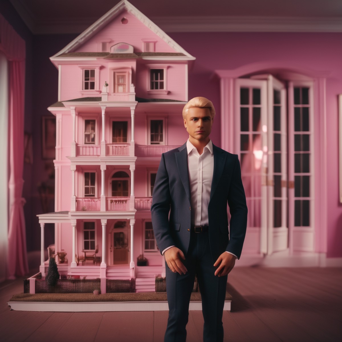 <lora:TestLUTs1-000016:0.6>
blonde man in a business suit, standing in front of a doll house, barbie cinematic LUT
