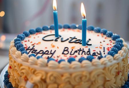 Large cake intricately decorated, blue rim, Civitai logo, 2 blue candles on it, shallow depth of field, party glitter in the air. Text in handwritten font "Happy Birthday!" On cake