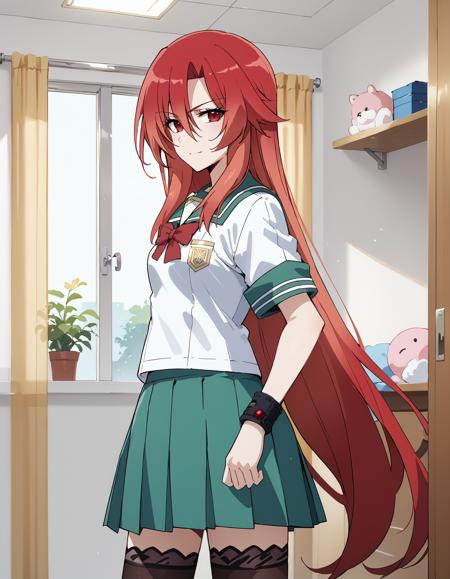 1girl,Lisara, long hair,red hair,very long hair,red eyes,((small breasts,single wristband)) sleeveless shirt,white shirt,(frills),black skirt,short skirt,black thighhighs,rose,bare shoulders Read Captions school uniform,serafuku,green skirt,bow,black thighhighs,pleated skirt