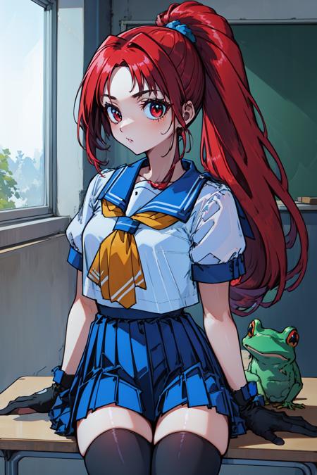 1girl, cowboy shot, classroom, sitting, (frog:1.1),
karina, red eyes, red hair, low-tied long hair, very long hair, ponytail, high ponytail, hair ornament, gloves, blue sailor collar, school uniform, serafuku, short sleeves, blue skirt, zettai ryouiki, thighhighs,  <lora:Toyoda_Karina_lora_ver1:0.7>, best quality, masterpiece, highres, <lora:GoodHands-vanilla:1>