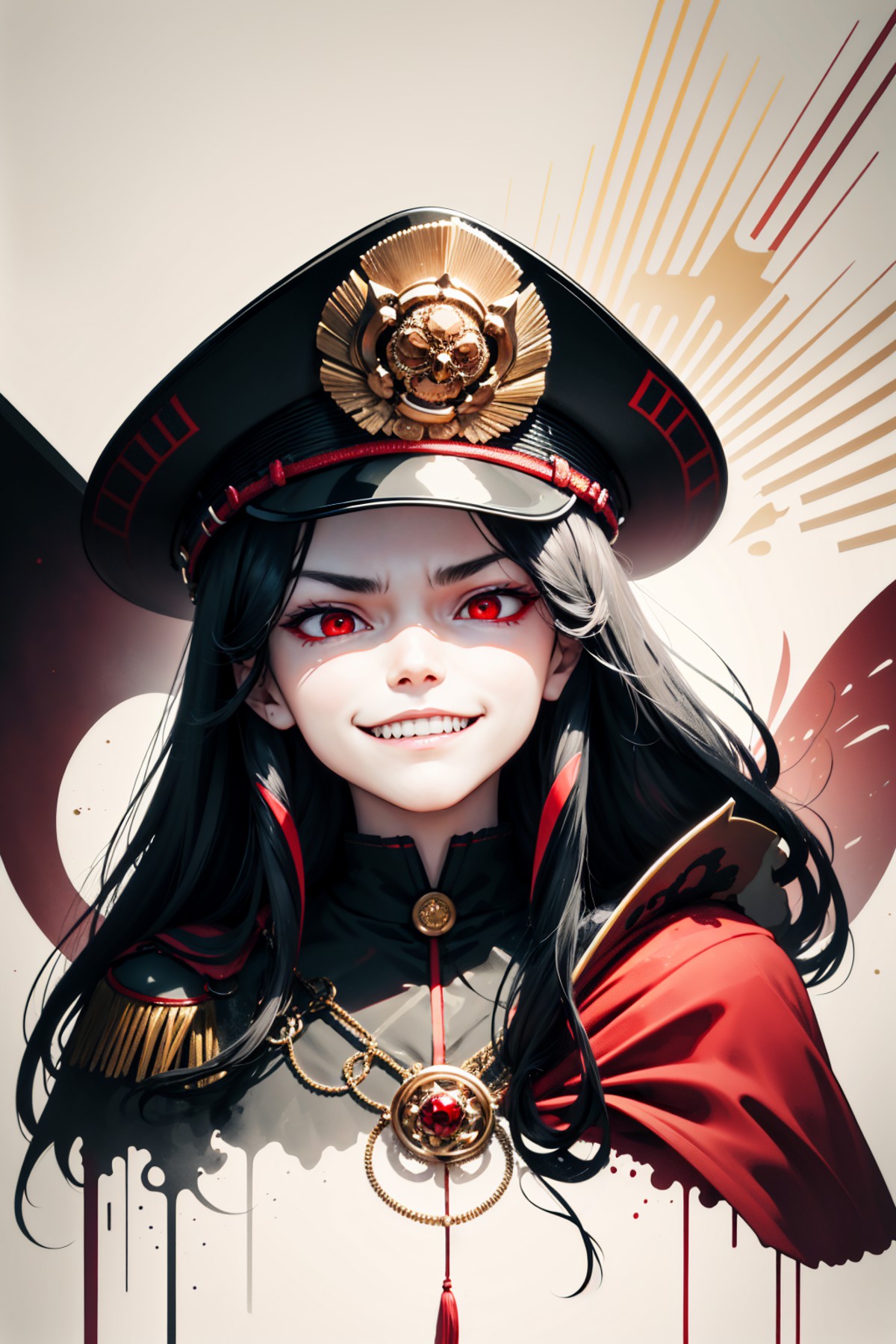 (detailed face and eyes:1.3),
<lora:oda-10:1>,oda_smoll,hat,cape,red eyes,military uniform,black hair, (evil smile:1.4), (...