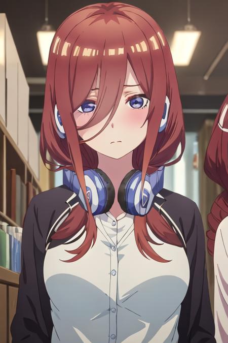 best quality, masterpiece, highres, solo, {nakano_miku_gotoubunnohanayome:1.15}, long_hair, brown_hair, bangs, hair_between_eyes, blue_eyes, headphones_around_neck, headphones, blush, closed_mouth, shiny_hair, 1girl, looking_at_viewer, shiny, portrait, indoors