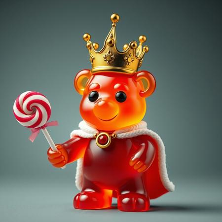 A king gummy bear with a crown and cape holding a lollipop staff