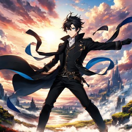 rar-animeflow, solo, looking at viewer, black hair, gloves, standing, male focus, black gloves, outside, fantasy background, sky, cloud, blue eyes, wind, high quality, 4k, high detailed, clear face