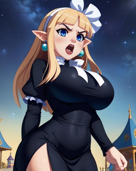 Witch, blonde hair, pointy ears, blue eyes , hips,   angry,    huge breasts, 
standing, upper body,   biceps,  short sleeves,   open mouth,  
black dress, white ribbon, white hairband,long sleeves,earrings, 
 fun park, stars, cowboy shot,  
(insanely detailed, beautiful detailed face, masterpiece, best quality),  <lora:Witch-10v5:0.8>