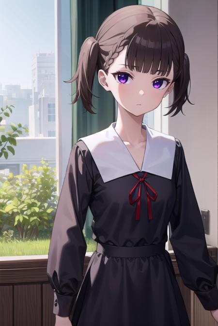 makishijou, <lyco:makishijou-lyco-nochekaiser:1>,
maki shijou, bangs, blunt bangs, (purple eyes:1.1), twintails, two side up, braid, short twintails,
BREAK long sleeves, dress, ribbon, school uniform, black dress, red ribbon, neck ribbon, collared dress, shuuchiin academy school uniform,
BREAK outdoors,
BREAK looking at viewer, (cowboy shot:1.5),
BREAK <lyco:GoodHands-beta2:1>, (masterpiece:1.2), best quality, high resolution, unity 8k wallpaper, (illustration:0.8), (beautiful detailed eyes:1.6), extremely detailed face, perfect lighting, extremely detailed CG, (perfect hands, perfect anatomy),