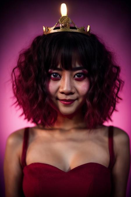 cinematic photo of {prompt}, photograph, film, best quality, highres, RAW photo, subject, 8k uhd, dslr, soft lighting, high quality, film grain, Fujifilm XT3, nepali girl, beautiful bloody demon-queen, cute face, medium hair, curly hair, smile, purple demon dress, dark red aura, detailed, blurry red background