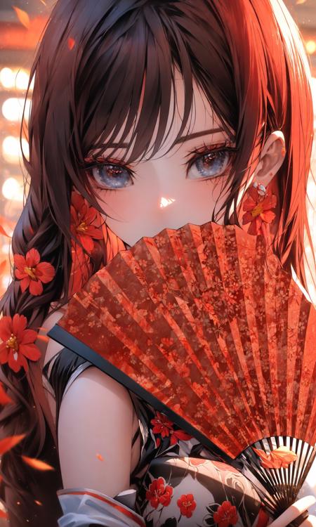 (Masterpiece),(best quality),((masterpiece)),(highres), (original:1.8), (extremely detailed 8K wallpaper), overexposure,1girl, close-up, (fan:1.1),A huge fan exposed shoulders cheongsam<lora:~Q?-bG[Pfan:1>