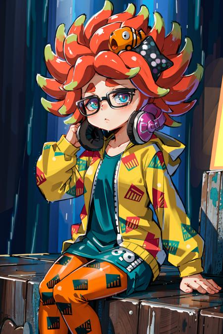 (masterpiece, best quality, highres, ultra detailed:1.2), (solo, 1girl, cowboy shot), annie_(s2), clownfish, glasses, headphones around neck, tentacle hair, star hair ornament, green hoodie, print hoodie, print legwear, orange leggings, (dynamic pose, sitting, high-angle view), (rain, rainstorm:1.3), (detailed background, cyberpunk city, city:1.1)