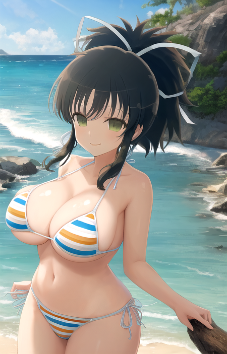 masterpiece, best quality,
asuka_sk, asuka_striped_bikini, 1girl, short hair, ponytail, large breasts, wide hips, hair ribbon, white ribbon, multicolored bikini, striped bikini, side-tie bikini bottom, closed mouth, smile, happy, cowboy shot, front view, beach setting, ultra-detailed, extremely detailed, anime, senran kagura, 8k <lora:Asuka_SK_1_1-10:1:ALL>