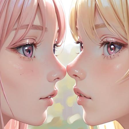 2girls, blonde and pink hair, Extreme Close-up focus, (masterpiece), (best quality), (max detail:0.8), <lora:epi_noiseoffset2:1>