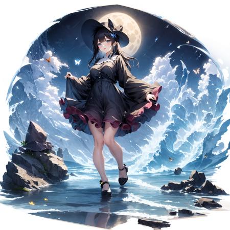 [(white background:1.5),::5] hexagon,
1 girl, mid shot, full body, hat,
standing on ocean, sea waves, water splashes, sky, detailed moon, light particles, butterflies, night, starry sky