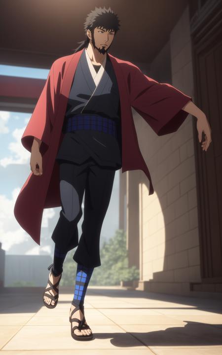 kyma, a man, tanned skin, short spiky black hair, short ponytail, sideburns, small beard with a goatee, red happi festival coat, blue gi, black and gray-striped obi sash, black pants, sandals with black socks and blue straps, dancing, 8k, Unreal Engine 5, octane render, by seunghee lee, Jang Tae-Hwan, Chocofing R, seungho lee, trending on pixiv, fanbox, skeb, masterpiece, smooth soft skin, big dreamy eyes, beautiful intricate colored hair, symmetrical, anime wide eyes, soft lighting, concept art, digital painting, <lora:kyma:0.4>