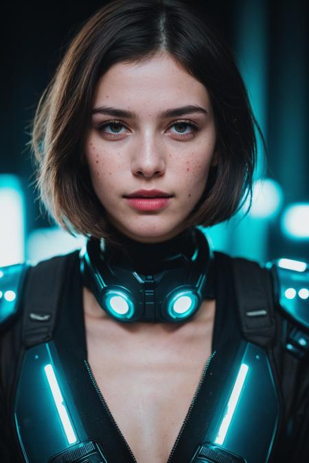 (masterpiece, best quality:1.1), photograph, Porta 160 color, shot on ARRI ALEXA 65, bokeh, depth of field, shot by Don McCullin, (blemishes, skin pores, textured skin:1.1), sharp focus, vibrant colors, PA7_Photo, PA7_Human-Likeness, volumetric lighting, <lora:detail_slider_v4:1>, <lora:FujiVelvia50:0.5>, <lora:GoodHands-beta2:0.8>,
solo, 1 girl, adult  woman, gorgeous, turquoise eyes, dark blonde blowout hair, smile, parted lips, natural lips , eyeliner, full body, walking, multicolored (bioluminescent translucent:1.0), hair, (cyberpunk theme, vaporwave,:1.1), soldier, metal (armor:1.1), sexy, bodysuit, cleavage, techwear, advanced technology, cybernetics,  cyborg, holographic,  colorful leds, futuristic, scifi, (neon lighting:1.0), (cinematic, epic:1.1), control panel in background,  (wind blowing:1.1), dark dystopia,