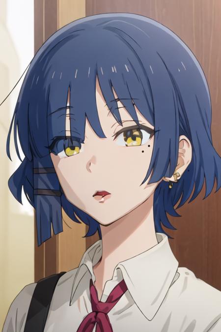 best quality, masterpiece, highres, solo, {yamada_ryo_bocchitherock:1.15}, blue_hair, short_hair, bangs, mole_under_eye, mole, yellow_eyes, hair_ornament, closed_mouth, hairclip, 1girl, open_mouth, earrings, jewelry, shirt, collared_shirt, portrait, looking_at_viewer