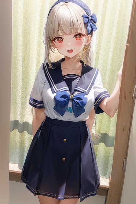 1girl, solo, school uniform, skirt, serafuku, short sleeves, bow, sailor collar, blue skirt, shirt, standing, white shirt, ribbon,, standing, white hair, indoors, very long hair,arms behind back, 
<lora:amavelmessageribbonV1.1:0.8>