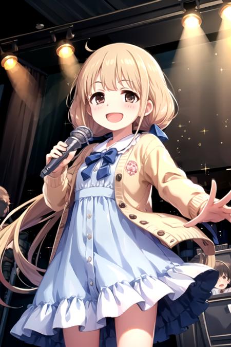 <lora:AnzuFutaba-09:0.7>, best quality, masterpiece, highres, abserdres, ankimo, looking at viewer, blush, smile, open mouth, dress, bow, holding, flower, :d, open clothes, blue dress, low twintails, cardigan, microphone, music, holding microphone, singing, stage