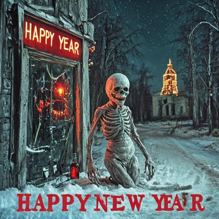 <lora:Horror_Snowman_Happy_New_Year_SDXL:1>, crasno, snow, "happy new year", monster,skeleton, door ,bottle ,no humans ,black eyes ,scenery ,road ,window ,bare tree ,red light ,skull ,lantern ,christmas lights ,abandoned building ,night sky ,horror (theme) , ,