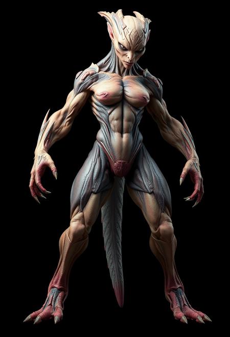 generates a unique and very creative full body FEMALE creature in terms of the shapes of its body, with a photorealistic full body, long legs, very tall, very muscular, standing and full-bodied, with textured skin, triadic colored skin. See front A pose, tense muscles and fierce gaze. The background is totally black, the lighting is diffuse. ambient occlusion. The image must be photorealistic.