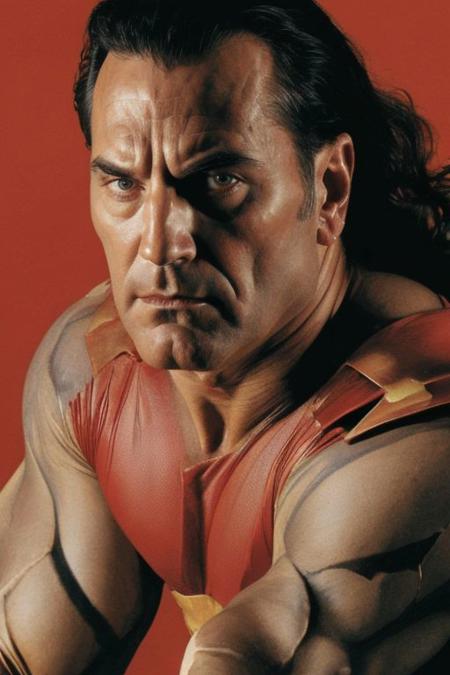 masterpiece, best quality, high quality, highres, ARTSTYLE_AlexRoss_ComicArt_ownwaifu, solo, angular features, intense eyes, Roman Legionnaire, determined countenance, dark curly hair, rugged appearance, muscular frame, imposing height, battle-worn, realistic, simple background, lora:ARTSTYLE_AlexRoss_ComicArt_ownwaifu-15:0.8, ((portrait)), straight-on, looking_at_viewer, solo, closed mouth, simple_background, 1boy, male focus