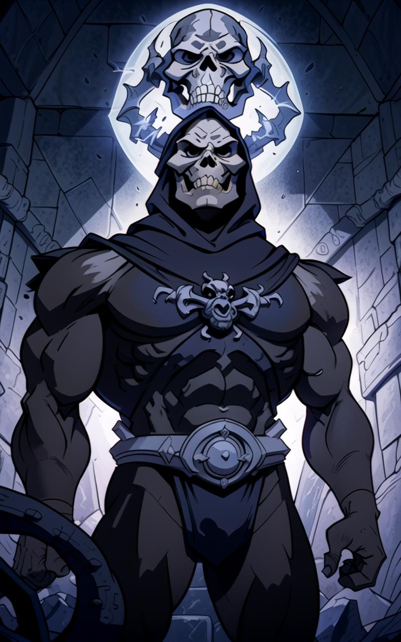 Skull with horns and a cape on a muscular body with a sword in hand.
