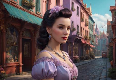 Hyper realistic art concept art,hyperdetailed intricately detailed gothic art trending on Artstation triadic colors Unreal Engine 5 detailed matte painting, deep color, fantastical, intricate detail, splash screen, complementary colors, fantasy concept art, 8k resolution, gothic DeviantArt masterpiece . Extremely high-resolution details, photographic, realism pushed to extreme, fine texture, incredibly lifelike, soft pastel colors, a woman in a 50's street