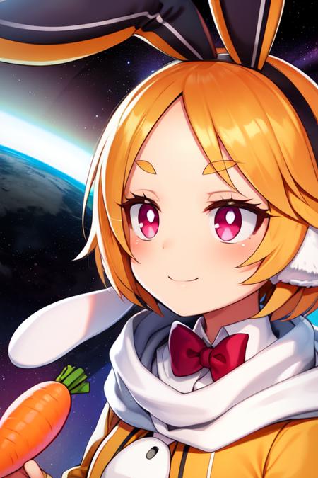 Usalia, short blond hair,red eyes ,short eyebrows, standing, upper body,
rabbit  hairband, yellow fur-trimmed jacket, white scarf, white leotard,  close up, smile, 
rabbit tail, bunny slippers, red bowtie,covered navel , carrot farm, outer space, grass, large carrots, 
(insanely detailed, beautiful detailed face, masterpiece, best quality) 
 <lora:Usalia-10v6:0.7>