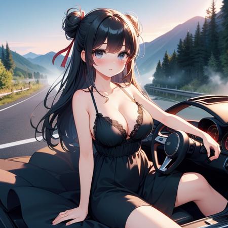 (((masterpiece))),  (((best quality))),  solo,  1girl driving cabrio,  drifting,  mountain road,  strap cut-out gown,  night,  wind, ,  cleavage,  big tits,  ribbon updo longhair,  shy,  blush, driving cabrio,<lora:EMS-260531-EMS:0.800000>