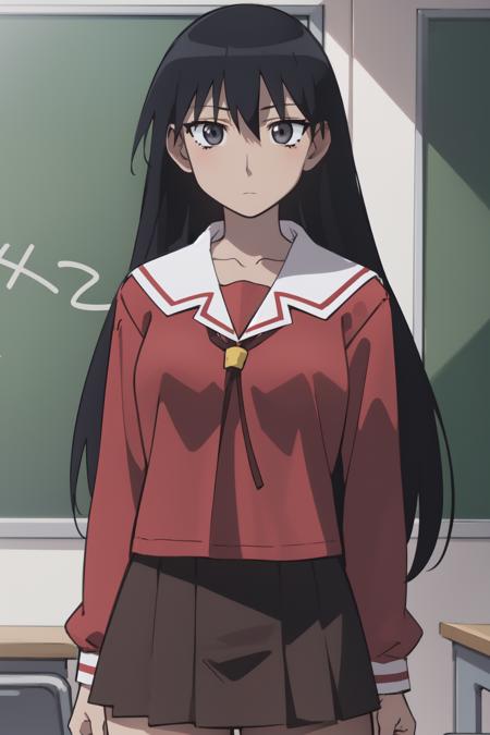 masterpiece, best quality, highres, sazumanga, grey eyes, very long hair, serafuku, long sleeves, red shirt, brown skirt, looking at viewer, expressionless, closed mouth, cowboy shot, looking at viewer, classroom<lora:Sakaki-05:0.9>