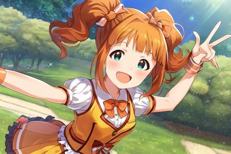 YAYOI TAKATSUKI,
Rarity SSR,
twintails, smile, open mouth, orange hair, brown hair, 1girl, aqua eyes,
smile, one side up, open mouth, solo, pointing, :d, sunlight, looking at viewer, blush, tree, light rays, bow, sunbeam

<lora:mirishita-v1.0:1>