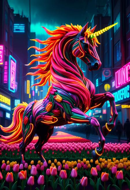 masterpiece, best quality, amazing quality, very aesthetic, 
Prancing unicorn made of tulips, neon city street, cyberpunk, gritty, surreal