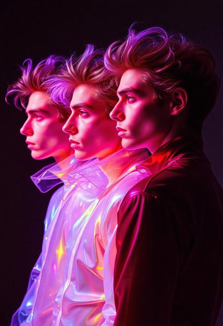 4 Caucasian Male models  , all identical but in different stances , crystallisation, schizophernia, bioluminescent Jem the Hologram, surreal psychedelic flowing avant-garde art by Yoh Nagao and Erik Madigan Heck and Alan Aldridge, 1980's new wave totally radical fashion.,side view, side eye,
