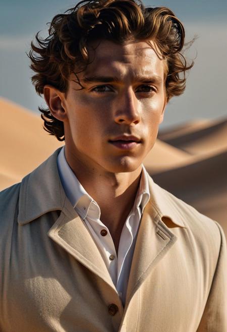 Dune film, cinematic, , face combination between Timothe Chamalet and Kris Evans and Tom Holland, slim body, wearing a long white coat button shirt, portrait, up close, curly hair, brown hue eyes, light splashing in the eyes and showing brown color eyes, standing in the wide dune sand place, surrounded by sand dune, wind blowing, sand dust flying, light shimmer, light enchanting, dreamy, realistic, realism, real_life photo,Masterpiece