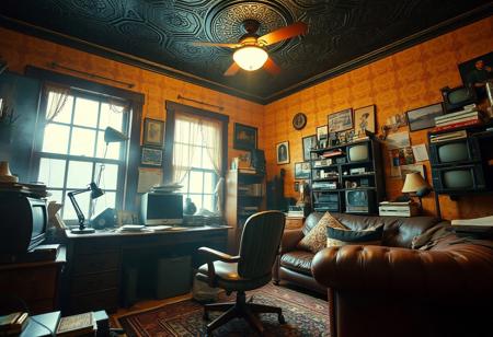 (ANTIQUE, NOSTALGIC, VINTAGE, RETRO THEMED DECOR), (Captured with a Hasselblad medium-format camera with a 80mm Zeiss lens at f/1.8), Sharp Focus. (Dynamic Random Angled Shot), Layered Foreground, (Fluorescent Lighting) with (Stark Contrasting Shadows), (cluttered detailed home office), [Smokey Windows], Retro Desk, (weathered leather desk chair, retro sofa), hoarded vintage technology all over, (richly painted bright textured walls, dark embossed ceiling), (Creative Light Source), [[Extremely Subtle Glowing Light]], ZOOM-OUT, hoarder-paradise,