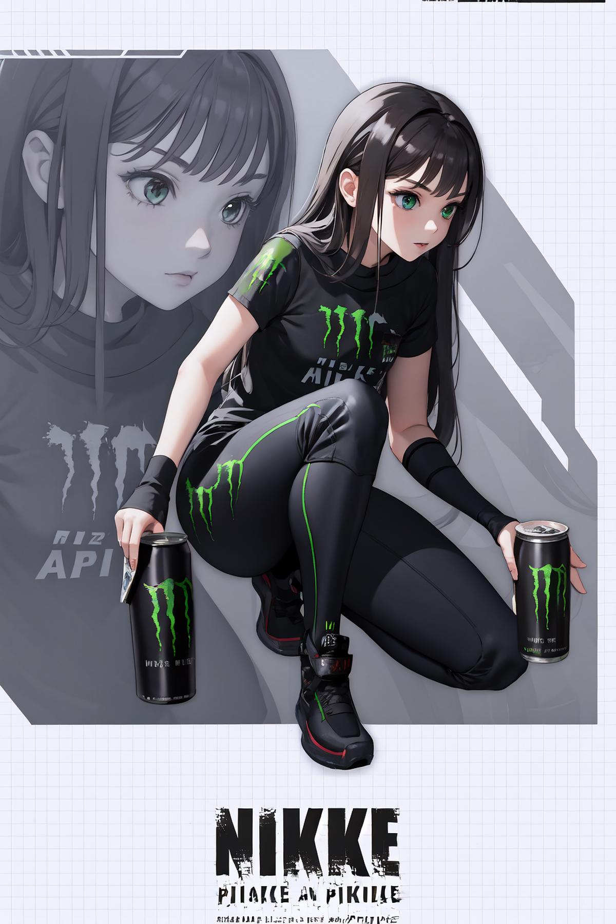 A girl in a black shirt and green pants holding two cans of Monster energy drink.
