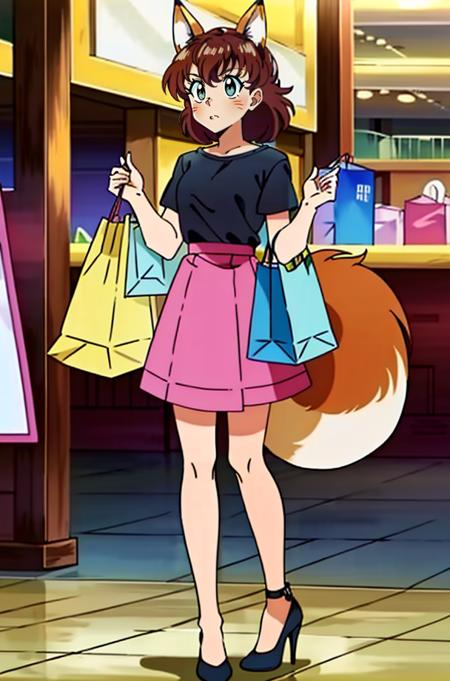 1girl, solo, KotoCzar, (fox ears, small fox tail, auburn hair, whisker markings), (purple skirt, black t-shirt, high heels), (full body, standing, shopping mall, holding shopping bags), (masterpiece:1.2), hires, ultra-high resolution, 8K, high quality, (sharp focus:1.2), clean, crisp, cinematic, <lora:Koto-v1:0.7>