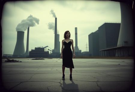 Surreal industrial landscape with towering mills in the background, casting long shadows. In the foreground, an elegant figure, seemingly a secondary character, yet standing victorious with a quiet confidence. Subtle hints of neglect and carelessness are visible in their surroundings – scattered debris, cracked pavement. The atmosphere is moody, with overcast skies, and the entire scene has a vintage, glassy texture as if captured in an antique ambrotype photograph. The composition evokes both tension and understated power