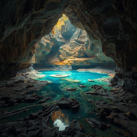 8k, source_photo, source_real, traditional media, real life photo, huge natural cave, lit from above, pools of water and vivid coloured rock formations cover the ground and walls
