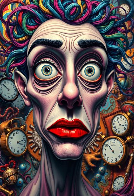 A hyper-stylized anime face, blending the surreal, dreamlike qualities of Surrealism with the bold, vibrant colors of Pop art. The face is distorted, with elongated features and a melting, Dalí-esque quality to the skin. The eyes are large and expressive, with swirling, psychedelic patterns that seem to shift and writhe like living things. The mouth is a bright, poppy red, with a subtle, gradient effect that gives it a sense of depth and dimensionality. The hair is a wild, abstract tangle of colors, with strands that seem to defy gravity and float off into the surrounding environment. The background is a swirling, surrealist landscape of melting clocks, distorted objects, and other bizarre, dreamlike imagery. The overall effect is one of vibrant, eye-popping energy, as if the viewer is gazing into a kaleidoscope of colors and patterns. highest-Quality, intricate details, visually stunning, Masterpiece