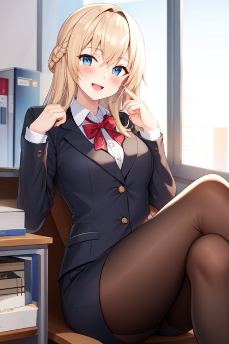 kcwarspite, sitting, office, secretary suit, suit, smiling, blush, open mouth