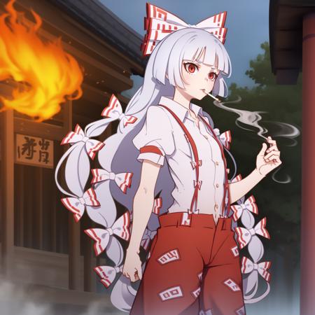 1girl, solo, (fujiwara no mokou:1.2), cowboy shot, japanese temple, fire, smoke, smoking