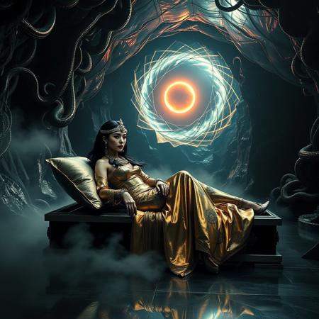 Regal high-society elegant slender  lady, draped in opulent attire, shrouded in glistening, translucent, metallic-tinged slime-foil layers, accentuating her haughty demeanor, adorned with sleek, silver, stiletto heels and an otherworldly, bioluminescent mind control headband, reclines on black, glossy, slime-encrusted pillows within an ancient Egyptian sarcophagus, enveloped by a transparent, glistening slime ceiling, situated at the heart of a mystical, subterranean cavern, surrounded by sinuous, pulsing tentacles, as a colossal, swirling portal to the cosmos looms in the background, shrouded by a labyrinthine network of iridescent slime webs, wispy fog wafts from the polished, steel floor, illuminated by the faint, crimson glow of a macabre, lunar eclipse, evoking a sense of foreboding, inspired by the dark, biomechanical, surrealistic style of H.R. Giger and the epic, cinematic grandeur of Steven Spielberg, with the gritty, high-contrast aesthetic of a 35mm film still, shot on a v-raptor XL camera, with pronounced film grain, vignette, and a rich, cinematic color palette, post-processed to perfection, exuding an atmosphere of eerie, sci-fi horror.
