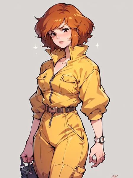 april o'neil, 1girl, solo, orange hair, short hair, jumpsuit pizza bikini, 