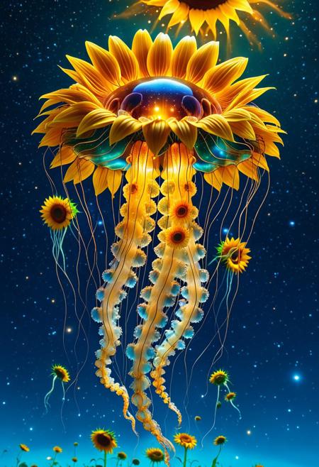 8k, Raw digital photo, a cosmic jellyfish made of sunflowers, swimming through a liquid sky, glowing aura, abstract dreamscape, Full Colour, 80mm,