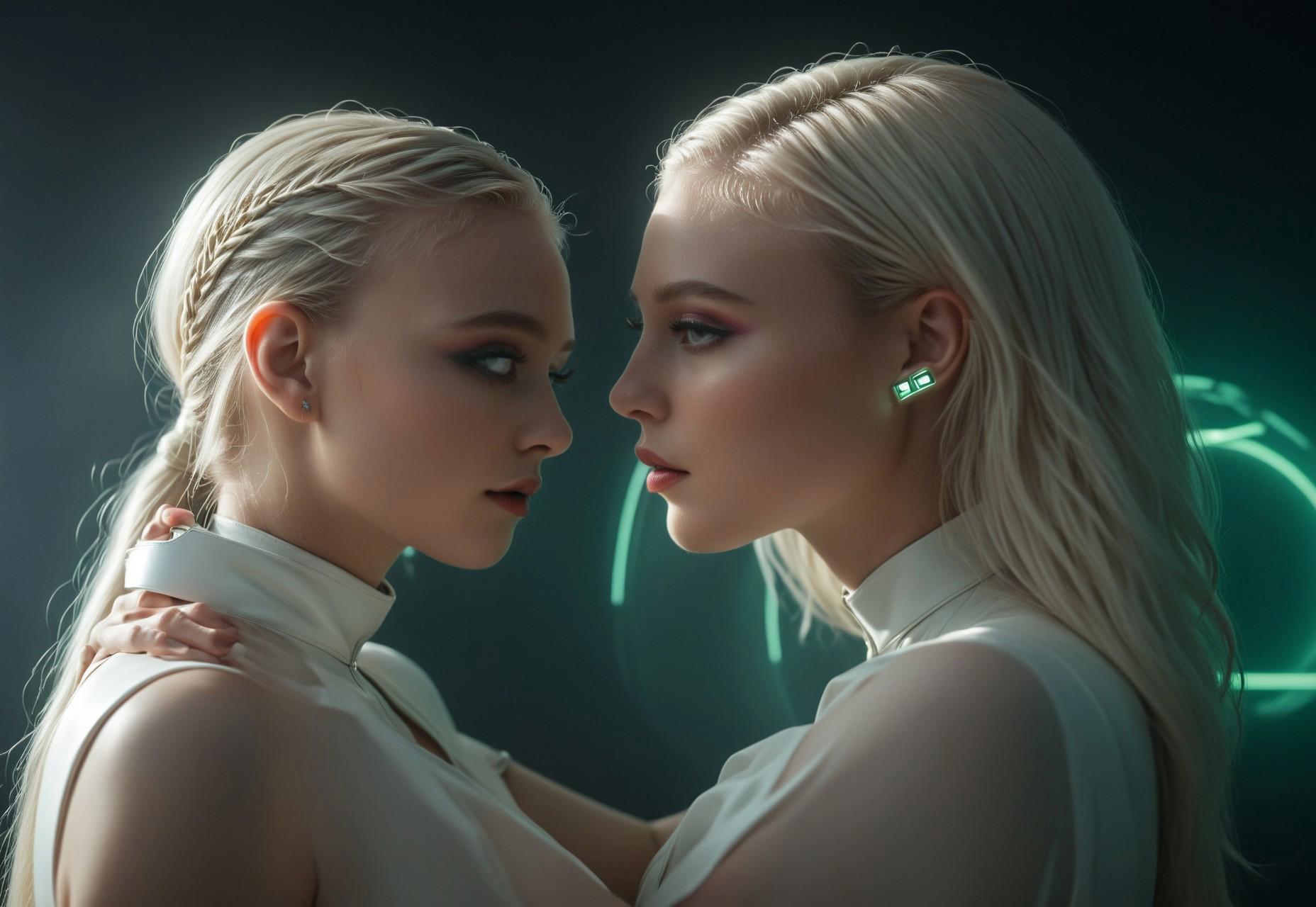 Candid cinematic photograph of a bright white futuristic club in Kiev, phosphorescent interior design, three protagonists are closely embracing each other, expressive focused eyes, straight silky chin-length blond hair, glossy smoked eye shadow, retrofuturist clothing, single subdermal OLED indicator light in earlobe, cinematic quality photograph, Nikon Z9, by Subterfugitive