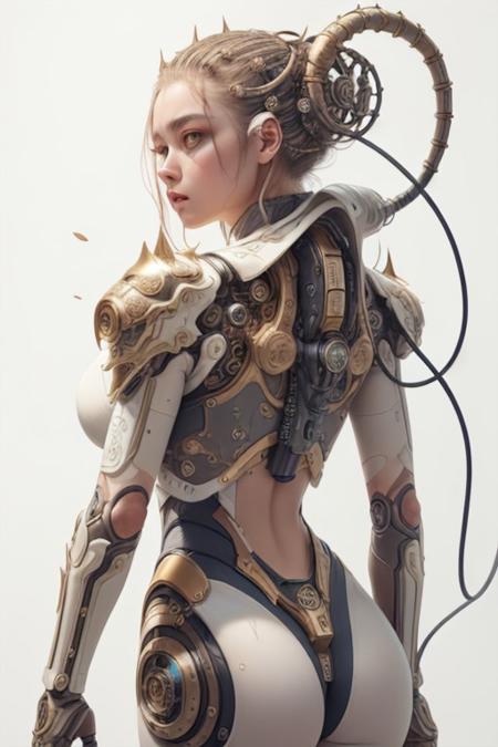 White background, 1mechanical mature woman, thicc, (tattoos:1.0), enormous ass, enormous soft breasts, (enormous armored-forearms:1.0), (cropped shirt), ultra realistic details, (portrait), global illumination, shadows, octane render, 8k, ultra sharp,intricate, ornaments detailed, cold colors, metal, highly intricate details, realistic light, glowing eyes, neon details, machanical limbs,blood vessels connected to tubes,mechanical vertebra attaching to back,mechanical cervial attaching to neck,wires and cables connecting to head, IvoryGoldAI