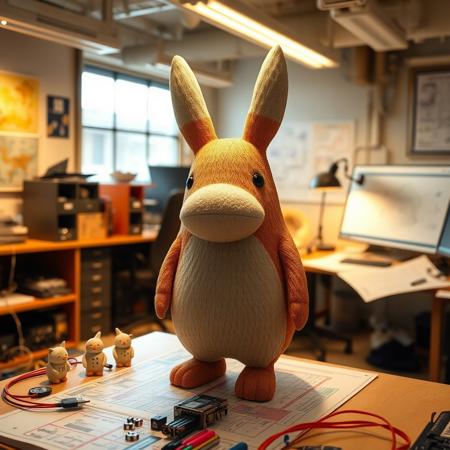 moomin, artistic, masterpiece, design space, office, electronics, circuit, eight moomins, very detailed, abstract objects, well organized space, warm lighting, vibrant colors, blueprint, discussion, design plans, technical drawings, positive vibe,
