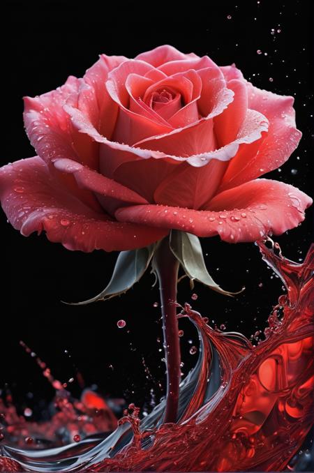 A stunning digital abstract masterpiece that captures the essence of a rose and water fusion. The rose, "Te Amo Dani Celeste," is composed of thousands of minuscule red and black glowing particles, shimmering with an otherworldly water-like beauty. The delicate petal details create a mesmerizing effect, while the fluid water tendrils seamlessly intertwine with the rose, symbolizing harmony and connection. The stark black background enhances the vibrancy of the colors, adding depth and dimension to the piece. This enthralling artwork serves as an invitation for viewers to immerse themselves in the intricate details and appreciate the artist's exceptional command of light and color. Photo, illustration, 3D render, typography, cinematic, poster, painting, fashion, product. <lora:aesthetic:1>