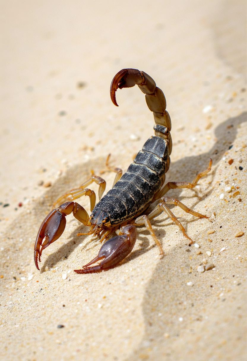 a close-up photograph of a scorpion on a sandy surface, the scorpion is positioned in the center of the frame, with its body facing towards the left side of the image, its body is segmented, with dark brown scales covering its back and abdomen, and its head and antennae are visible, the texture of the sand is smooth and light brown, with small grains scattered across its surface, in the background, there is a gradient of light to dark brown hues, indicating a desert or rocky environment, the focus is on the insect, with no additional objects or people present, the overall composition emphasizes the insect's anatomy, with the sandy surface providing a stark contrast to its dark, segmented body